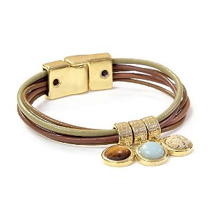 Pulseira Couro Coralina Dourado