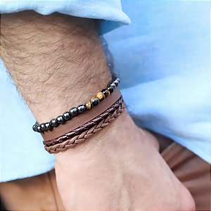 Kit de Pulseiras Couro  Masculino Téo Marrom