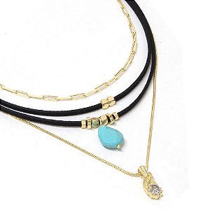 Colar Choker Preto Pedra Turquesa