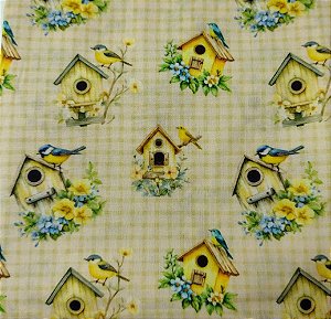 Tecido Tricoline DIGITAL Casinha de Pássaros amamrelo  0,50cm x 1,50cm