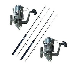 KIT PESCA 2 MOLINETES ALBATROZ MP 30 FUME C/ LINHA + 2 VARAS ALBATROZ KARA BLACK 1501 DIADOSPAIS