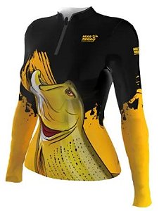 CAMISETA DE PESCA MAR NEGRO FEMININO DOURADO G1