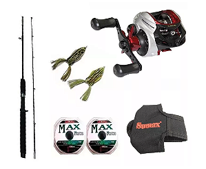 KIT CARRETILHA CRYSTAL PHANTOM 9000 DIREITA + VARA PEGGY 1,70M + 2 LINHAS MAX + KIT SAPO + CAPA