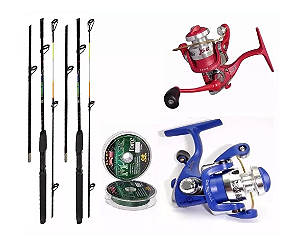 Kit Pesca 2 Molinetes Joker 1 Azul 1 Vermelho + Vara + Linha