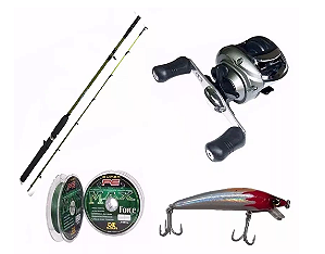 Kit Pesca Iniciante Completo Carretilha Direita + Vara + Linha + Isca -  Shop do Mineiro