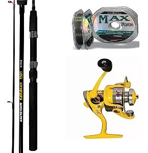 KIT PESCA MOLINETE JOKER AMARELO + VARA ALBATROZ KARA 1,50M + LINHA MAXFORCE DAYIAMA 2 0,23MM 100MTS 12LBS