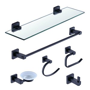 Kit Acessórios De Banheiro Lavabo 6 Peças Preto Fosco Luxo IKAB01