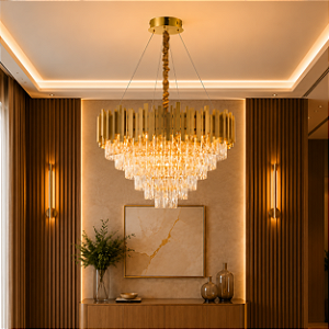 Luminária Pendente Lustre Luxuoso Dourado e Cristais Vana Sindora INL106