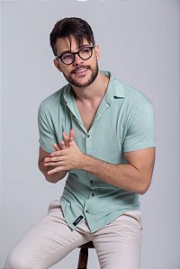 Camisa Viscolinho com Elastano Manga Curta Verde Vidic