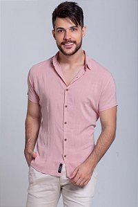 Camisa Viscolinho com Elastano Manga Curta Rosa Vidic