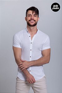 Camisa Viscolinho com Elastano Gola Padre Manga Curta Branca Vidic