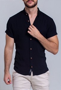 Camisa Viscolinho com Elastano Gola Padre Manga Curta Preta Vidic