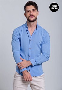 Camisa Viscolinho com Elastano Gola Padre Manga Longa Azul Vidic