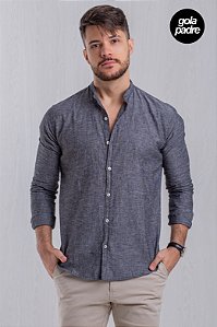 Camisa Linho Grafite Gola Padre Manga Longa Vidic