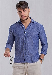 Camisa Linho Azul Vidic Manga Longa