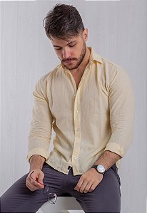 Camisa Linho Amarela Vidic Manga Longa