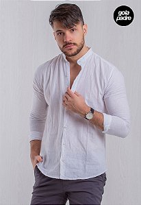 Camisa Linho Branca Gola Padre Manga Longa Vidic
