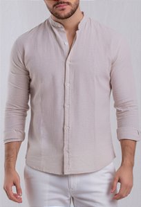 Camisa Linho Natural Gola Padre Manga Longa Vidic