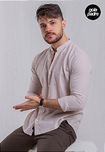 Camisa Linho Natural Gola Padre Manga Longa Vidic