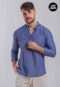 Camisa Linho Azul Gola Padre Manga Longa Vidic