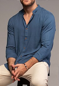 Camisa Viscolinho com Elastano Gola Padre Manga Longa Azul Aço Vidic
