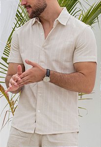 Camisa Linho Listrada Bege MC