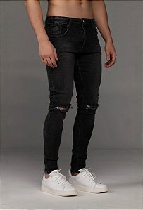 Calça Jeans Super Skinny Vidic Preta Destroyed