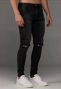 Calça Jeans Super Skinny Vidic Preta Destroyed