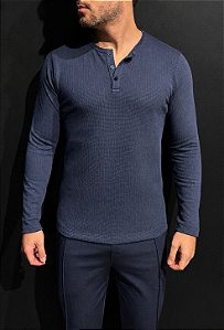 Henley Manga Longa Texturizada Vidic Marinho