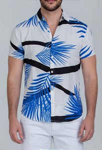 Camisa Floral com Listras Geométricas Vidic Azul
