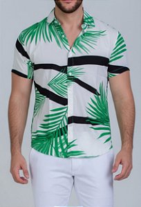 Camisa Floral Viscose com Listras Geométricas Vidic Verde