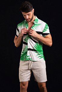 Camisa Floral Viscose com Listras Geométricas Vidic Verde