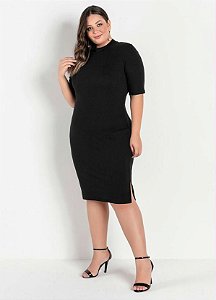 Vestido Midi Preto Tubinho Com Gola Plus Size