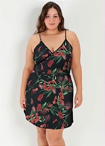 Vestido Curto Floral Preto Com Alças Plus Size