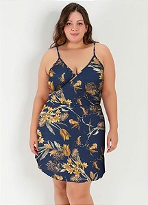 Vestido Curto Floral Marinho Com Alças Plus Size