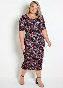 Vestido Midi Floral Plus Size Mangas 3/4