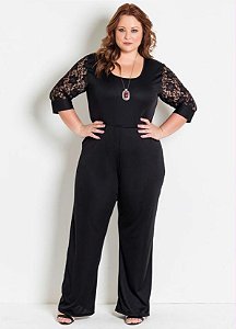 Macacão Preto Com Renda Plus Size - Foxxstore