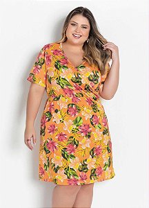 Vestido Transpassado Floral Laranja Plus Size