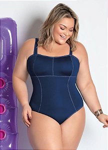 Maiô Plus Size Marinho Com Costura Contrastante