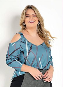 Blusa Abstrata Azul Com Mangas Longas Plus Size