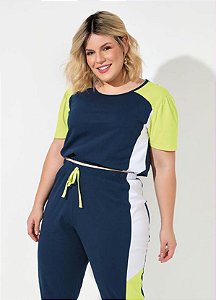 Blusa Marinho Com Recortes Plus Size