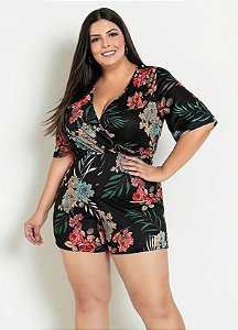 Macaquinho Floral Transpassado Plus Size