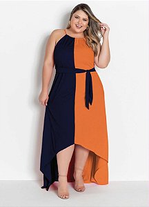 Vestido Marinho E Laranja Com Faixa Plus Size