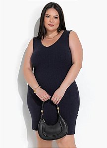 Vestido Azul Marinho Em Ribana Canelada Plus Size