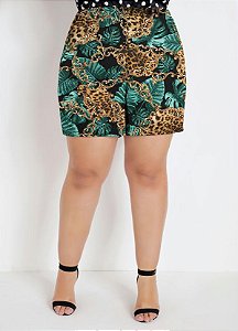 Short Folhas Plus Size Com Bolsos Decorativos