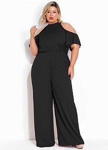 Macacão Pantalona Floral Preto Plus Size - Foxxstore