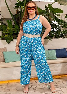 Macacão Floral Azul Em Jersey Acetinado Plus Size