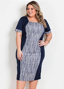 Vestido Marinho Com Recorte Estampado Plus Size