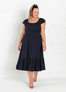 Vestido Midi Preto Com Franzidos Plus Size