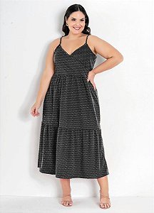 Vestido Com Babado Plus Size Poá Preto